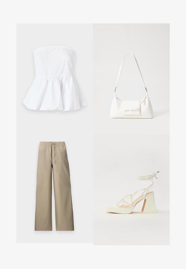 Balts strapless tops, kas izgatavots no viegla auduma ar elastīgu kakla izgriezumu un izplešanās peplum apakšmalu, ar gludu tekstūru.; Beigi platā kāja bikses ar elastīgu jostasvīru un auklu, ar gludu auduma faktūru un sānu kabatām.; Baltas augstpapēžu sandales ar masīvu papēdi, ar siksnu dizainu un potītes saistītiem elementiem. Gluda tekstūra ar platformu priekšpusē, lai nodrošinātu papildu augstumu.; Balta sintētiska soma ar trīsstūrveida formu, plakanu priekšējo vāciņu un loku detaļu, regulējamu siksnu, gludu tekstūru un minimālistisku dizainu.