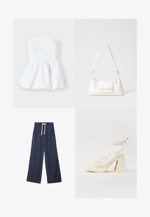 Biely top bez ramienok vyrobený z ľahkého materiálu s elastickým výstrihom a rozšíreným peplum lemom, s hladkou textúrou.; Námořnické modré široké kalhoty vyrobené z jemné, texturované tkaniny. Mají elastický pas s šňůrkou a boční kapsy.; Biele sandále na vysokom opätku s hrubým podpätkom, s pruhovaným dizajnom a viazaním na členku. Hladký povrch s platformou vpredu pre zvýšenú výšku.; Biela syntetická kabelka s trojuholníkovým tvarom, plochým predným klapkou a detailom mašle, nastaviteľným popruhom, hladkou textúrou a minimalistickým dizajnom.