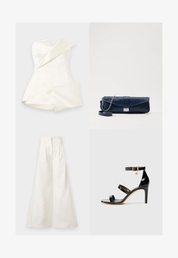 A.W.A.K.E. MODE CORSETED TUXEDO - Top - ivory; White wide-leg trousers made of cotton, featuring a high waist, pleats at the front, and a clean design without pockets.; Black patent leather sandal with three straps, ankle buckle, and 4-inch stiletto heel. Features gold hardware detail and logo charm.; Navy blue leather clutch with a crocodile texture, silver chain strap, and metallic clasp. Rectangular shape with foldover design.