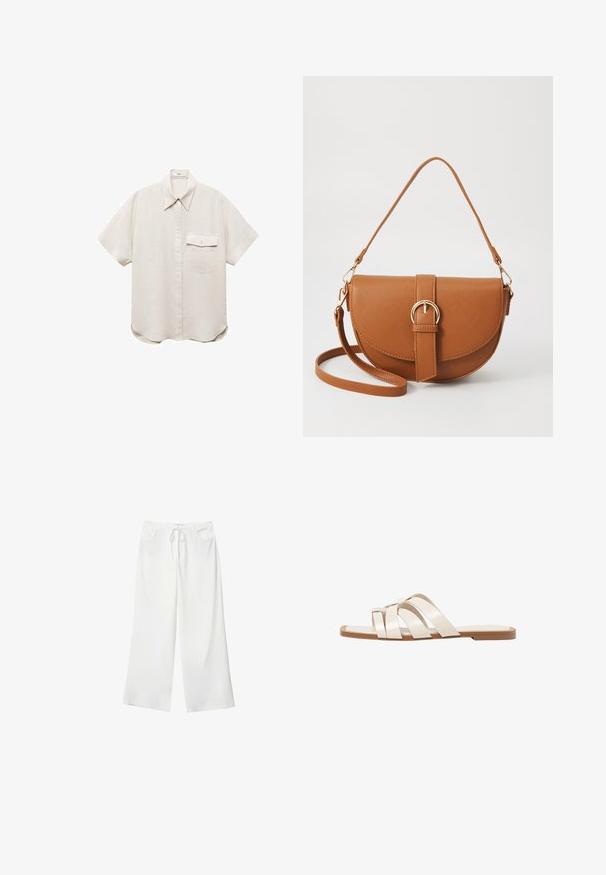 Krátky rukáv, svetlo béžová košeľa s gombíkovou prednou časťou a jedným vreckom na hrudi. Vyrobená z jemnej, štruktúrovanej tkaniny.; Biele široké nohavice vyrobené z mäkkej látky, s pásekom na sťahovanie a dvoma prednými vreckami. Hladká textúra a bez viditeľných vzorov.; Ploché sandále s hnedou gumovou podrážkou, navrhnuté s tromi prekrývajúcimi sa bielymi koženými popruhmi a malou mašličkou uprostred.; Hnedá kožená kabelka cez telo s zakriveným tvarom, zlatými kovovými doplnkami a akcentom s prackou. Obsahuje odnímateľný ramenný popruh.