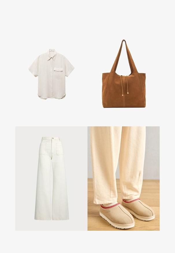 Korte mouwen, lichtbeige overhemd met een knoopsluiting aan de voorkant en een enkele borstzak. Gemaakt van een zachte, gestructureerde stof.; Wijd-zit jeans van off-white denim. Hooggaande taille met een knoopsluiting, twee voorzakken en contrasterende stikdetails.; Tansuède klompen met een rode decoratieve rand en een witte rubberen zool, gecombineerd met lichtbeige broeken, geplaatst op een houten vloer.; Bruine suède schoudertas met twee lange hengsels, trekkoordsluiting en minimalistisch ontwerp. Gladde textuur en geen zichtbare hardware-accenten.