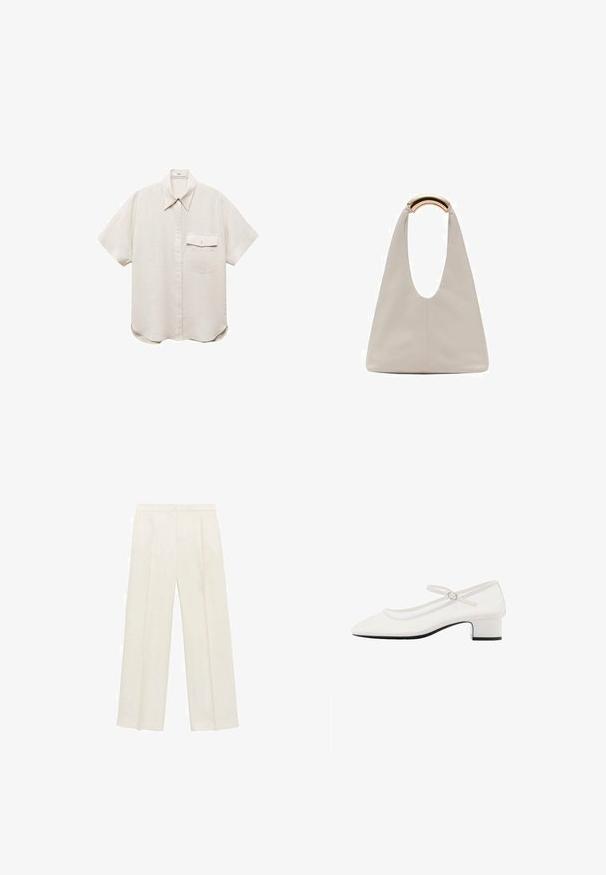 Cămașă cu mânecă scurtă, de culoare bej deschis, cu închidere prin butoni și un singur buzunar pe piept. Fabricată dintr-un material moale, texturat.; Pantaloni cu picioare largi, de culoare crem deschis. Realizați dintr-un material neted, cu plisuri în față și buzunare laterale.; Pantofii Mary Jane din piele lăcuită albă, cu vârf rotund, toc chunky de înălțime medie și curea ajustabilă cu cataramă argintie.; Geantă din piele gri deschis cu un design în formă de U și un mâner metalic curbat. Textură netedă cu cusături minime și fără modele vizibile.