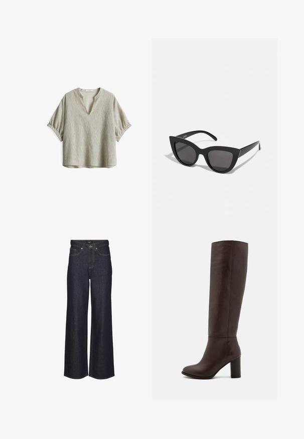 Top corto a maniche corte color beige chiaro con scollatura a V profonda. Tessuto testurizzato con sottili strisce verticali e dettagli arricciati sulle maniche.; Jeans a vita alta e gamba larga in denim scuro. Presentano cuciture classiche, cinque tasche e una chiusura con bottone sul davanti.; Stivale in pelle marrone al ginocchio con tacco a blocco, texture liscia, punta arrotondata e dettagli di cucitura minimi.; Occhiali da sole neri a forma di occhio di gatto con finitura opaca, dotati di lenti grigie, angoli acuti e stanghette slanciate. Nome del marchio visibile all'interno della stanghetta.