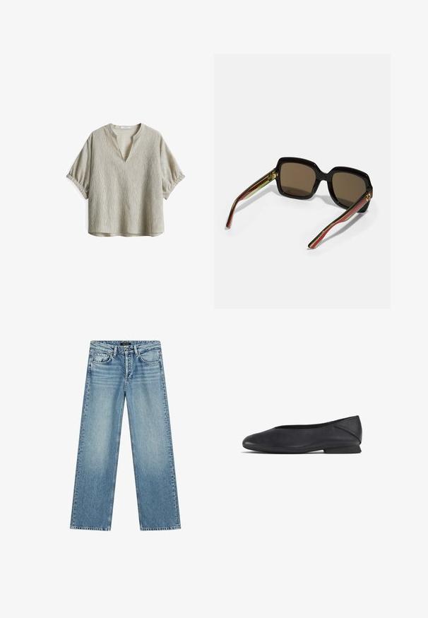 Top corto a maniche corte color beige chiaro con scollatura a V profonda. Tessuto testurizzato con sottili strisce verticali e dettagli arricciati sulle maniche.; Jeans azzurri a gamba larga realizzati in denim. Presentano cinque tasche, chiusura con bottone e una leggera scoloritura che conferisce un aspetto strutturato.; Scarpa piatta nera in pelle con punta arrotondata e tacco basso, progettata per un uso casual o formale.; Occhiali da sole neri oversize con lenti marroni. Presentano bracci unici a strisce verdi e rosse, con dettagli in metallo dorato. Forma quadrata.; Borsa a spalla in tessuto marrone con un corpo ampio e arrotondato e una grande maniglia a taglio. Texture morbida, design minimalista e senza hardware visibile.