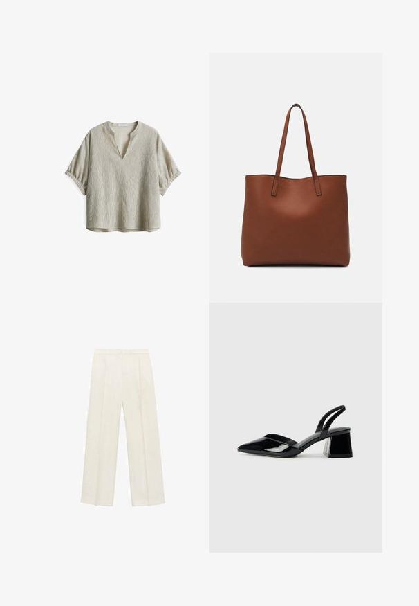 Top corto a maniche corte color beige chiaro con scollatura a V profonda. Tessuto testurizzato con sottili strisce verticali e dettagli arricciati sulle maniche.; Pantaloni a gamba larga di un leggero colore crema. Realizzati in un tessuto morbido con pieghe sul davanti e tasche laterali.; Décolleté in vernice nera con punta affusolata e tacco in geometria cubica. Presentano un design elegante e minimalista, con una texture liscia.; Borsa tote in pelle marrone con texture liscia, design con apertura superiore e due spallacci. Presenta cuciture minime e nessun hardware visibile.