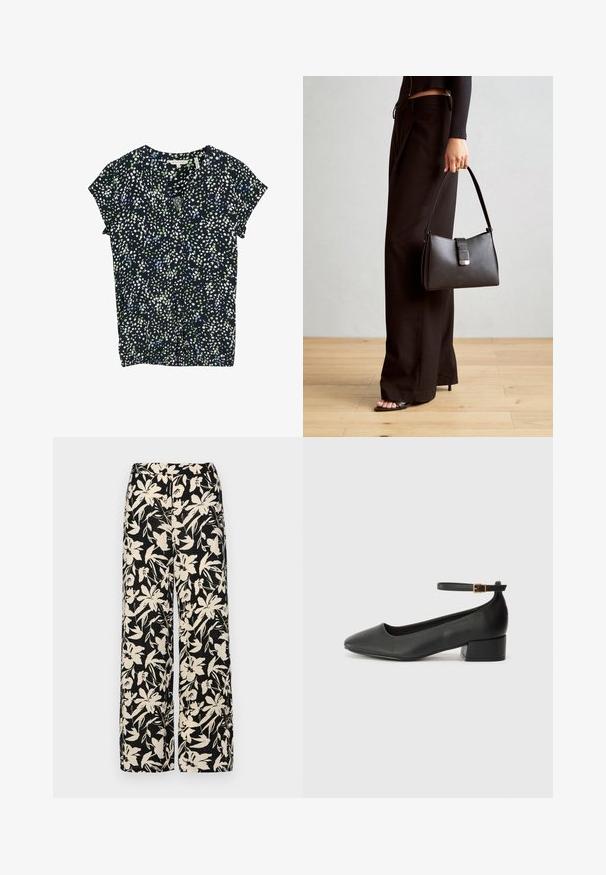 Sūkurinė tamsiai mėlyna bluzelė su mažais baltais, žaliais ir mėlynais taškeliais, trumpomis rankovėmis, V formos iškirpte ir susiraukšlėjimu apačioje.; Juodas trumpomis rankovėmis viršus, pagamintas iš lygaus audinio, su peplum dizainu ir su diržu juosmenyje, papuoštas dviem apvaliomis sidabro spalvos mygtukais.; Juodos plačios kojos kelnės su grietinėlės spalvos gėlių raštu. Pagamintos iš lengvos medžiagos, pasižyminčios lygiapass viršutine tekstūra ir aukštu liemeniu.; Juodas odinis aukštakulnis batelis su smailiu pirštu ir žemu bloku. Su kulkšnies dirželiu su auksinės spalvos sagtimi. Lygus paviršius.; Juodas rankinė struktūrizuota forma, lygi tekstūra ir metalinis užsegimas. Suporuota su plačiomis juodomis kelnėmis ir atvirais bateliais ant medinių grindų.