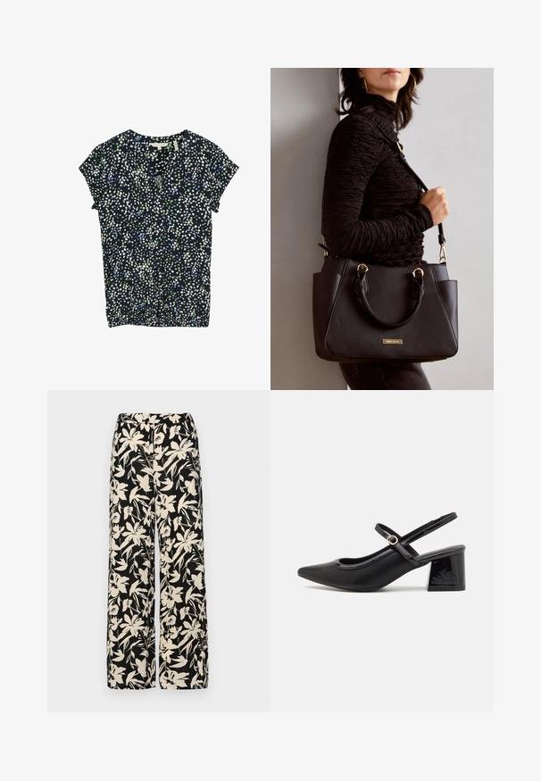 Blusa blu navy con piccolo motivo a pois bianchi, verdi e blu, maniche corte, scollatura a V e dettaglio arricciato sul fondo.; Pantaloni larghi neri con un motivo floreale crema. Realizzati in tessuto leggero, con una texture liscia e una vita alta.; Décolleté in vernice nera con cinturino dietro, punta affusolata, design con ritagli arrotondati e tacco a blocco. Presenta un accento di fibbia tono oro.; Borsa nera con superficie texturizzata, manici superiori doppi e tracolla regolabile. Dotata di hardware color oro e tasche laterali.