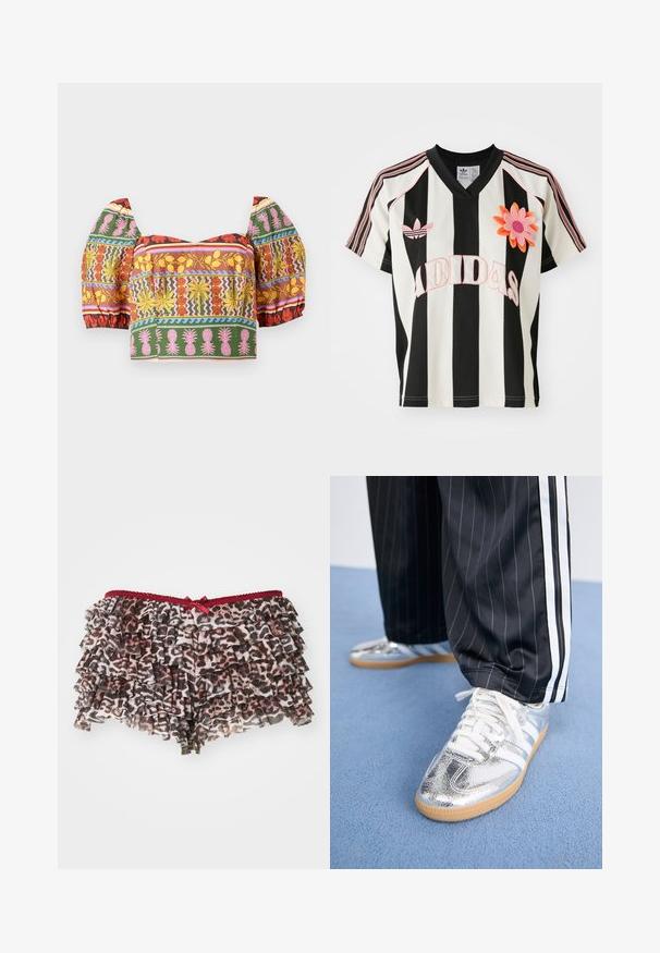 Kolorowy krótki top z bufkami, ozdobiony misternymi wzorami kwiatowymi i ananasowymi w kolorach czerwonym, żółtym, różowym, zielonym i niebieskim na jasnym tle.; Czarny i biały pasek bluzka z różowym haftowanym logo "Adidas" oraz dużą pomarańczowo-różową aplikacją w kształcie kwiatu. Projekt z dekoltem w kształcie litery V, siateczkowa tekstura.; Kwiatowe szorty w lamparcie cętki z warstwowymi falbanami, posiadające czerwony koronkowy pasek w talii i małą kokardkę z przodu.; Metaliczne srebrne trampki z białymi sznurowadłami i trzema białymi paskami, zestawione z czarnymi spodniami w prążki. Guma na podeszwie na dole.