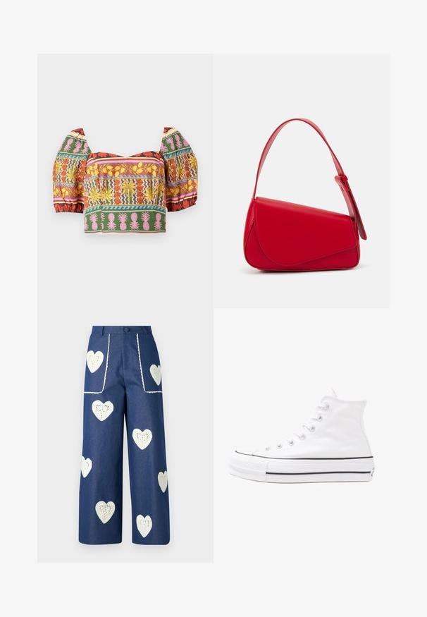 Spalvingas trumpas viršus su pūstomis rankovėmis, sudėtingomis gėlių ir ananasų raštais raudonos, geltonos, rožinės, žalios ir mėlynos spalvose šviesiame fone.; Sister Jane HEART TO HEART - Tiesaus kirpimo džinsai - blue denim; Balti aukštakulniai drobės sportbačiai su juodu guminio pado, priekinio guminio piršto dangteliu ir šešiais akytėmis raištams, pasižymintys švariu, minimalistiniu dizainu.; Raudona odinė rankinė su kampuota, geometrine forma. Pasižymi viena reguliuojama dirželiu ir dangteliu su siuvinėtais dekoracijomis.