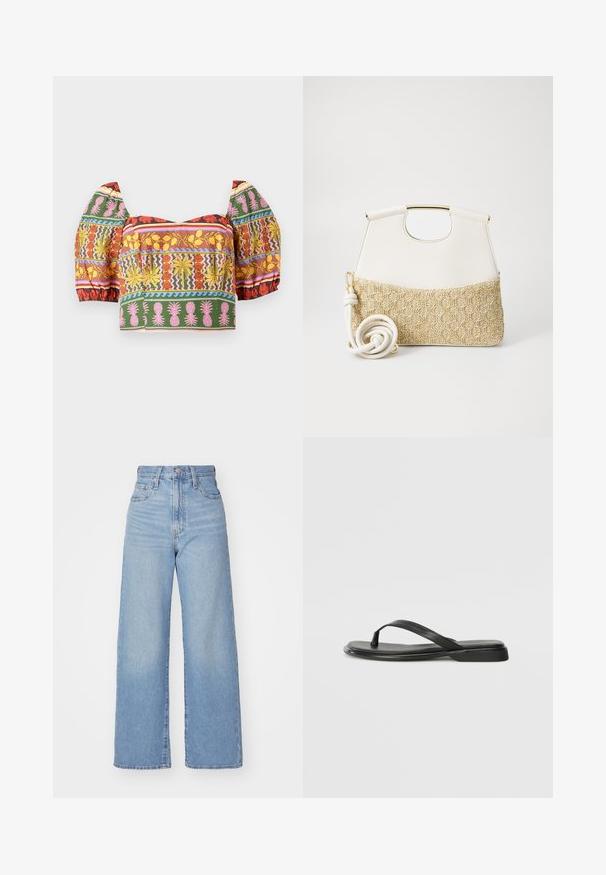 Krāsains īss tops ar pūkainām piedurknēm, sarežģītiem ziedu un ananāsu motīviem sarkanā, dzeltenā, rozā, zaļā un zilā krāsā uz gaiša fona.; Gaiši zili augstās jostas vidukļa platās bikses ar priekšējo pogu un rāvējslēdzēju, priekšējām un aizmugurējām kabatām uz baltā fona.; Melni flip-flopi, kas izgatavoti no gludas ādas, ar plānu siksniņu dizainu un plakanu zoli ar minimālu profilu. Nav ievērojamu rakstu vai akcentu.; Balta ādas rokassoma ar strukturētu krēmkrāsas austu audumu apakšā. Iekļauj zeltaini rokturi un saritinātu baltu siksnu daudzveidībai.