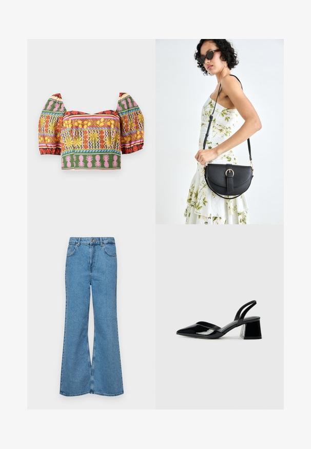 Haut court coloré avec des manches bouffantes, présentant des motifs floraux et d'ananas complexes en rouge, jaune, rose, vert et bleu sur un fond clair.; Jean flare bleu clair en denim, avec une taille haute, cinq poches et une fermeture à un bouton. Texture douce avec une finition décolorée.; Escarpins en cuir verni noir avec bout pointu et talon bloc géométrique. Présente un design élégant et minimaliste ainsi qu'une texture lisse.; Sac à main en cuir noir avec une forme courbée, bandoulière amovible et des accessoires en or. Le sac est doté d'un rabat avec un détail de boucle.