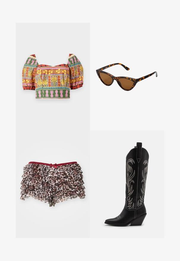Barevný crop top s nafouklými rukávy, s propracovanými květinovými a ananasovými vzory v červené, žluté, růžové, zelené a modré na světlém pozadí.; Květinové šortky s leopardím potiskem a vrstvenými volány, se červeným krajkovým pasem a malou mašlí na přední straně.; Černé kožené kovbojské boty s špičatými špičkami, podpatky ve tvaru klínu a stříbrně vyšívanými květinovými vzory po celé délce. Kontrastní prošívání po celém obvodu.; Sluneční brýle ve stylu kočičích očí s černo-oranžovým želvovinovým rámem, hnědými skly a elegantními, špičatými konci. Obsahují minimalistické logo na straně.