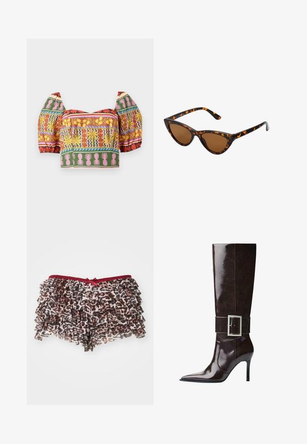 Top scurt colorat cu mâneci bufante, modele florale și de ananas intricate în nuanțe de roșu, galben, roz, verde și albastru pe un fundal deschis.; Shorts cu imprimeu leopard floral, cu volănașe suprapuse, având un brâu din dantelă roșie și un accent subțire sub formă de fundiță în față.; Botă din piele maro închis, până la genunchi, cu vârf ascuțit, toc stiletto și curea lată cu o cataramă mare rectangulară din argint.; Ochelari de soare în stil cat-eye, cu o ramă din material cu tortoiseshell negru și portocalie, lentile maro și vârfuri elegante, ascuțite. Prezintă un logo minimal pe brățara ochelarilor.; Geanta de mână aurie are un material texturat cu studs metalici rotunzi, o placuță cu logo triunghiular și o curea din lanț cu eyelets metalice rotunde.