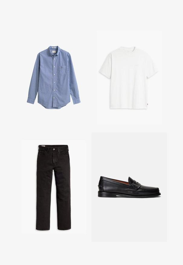 Sininen ja valkoinen pystyraitainen pitkähihainen paita, jossa on nepparikiinnitteinen kaulus, yksi etutasku ja pyöristetty helma. Sileä puuvillakangas.; Valkoinen puuvillainen t-paita, jossa on lyhyet hihat, pyöreä pääntie ja etupuolella vaalealla värillä painettu hillitty "Levi's"-logo.; Mustat suorat farkut, joissa on viisi taskua, nappisulku ja vyölenkit, aseteltuna tasaisesti valkoista taustaa vasten.; Musta nahkainen loafer, jossa on sileä pinta, pyöristetty kärki ja koristeellinen nauha päälliosassa. Varustettu matalalla mustalla pohjalla.