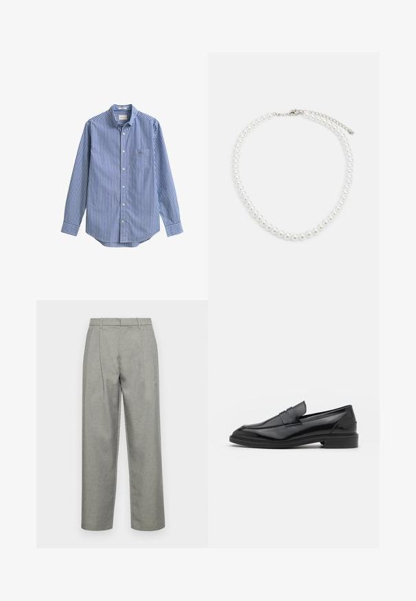 Sinine ja valge vertikaalsete triipudega pika varrukaga särk, millel on nööbitav krae, üks eesmine tasku ja ümarääris. Sile puuvillane kangas.; Hallitatud hallid püksid, mis on valmistatud tekstuuriga kangast, sirge jala disainiga, ees pleekidega ning tavalise vöökohtadega, kus on vöökohad.; Mustad nahast loafers, millel on sile viimistlus, ümar varvas ja kitsas riba peal. Madal kühveldatud konts.; Valge pärlkaelakee, millel on ühtlane ümar kuju, sile pind ja metallist kinnitusbüts koos pikendusahelaga reguleeritava pikkuse jaoks.