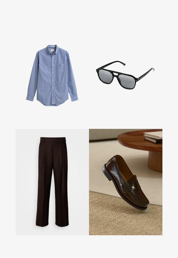 Camisa de manga larga a rayas verticales azules y blancas con cuello abotonado, un bolsillo frontal y dobladillo redondeado. Tejido suave de algodón.; Pantalones marrones ajustados con un diseño de pierna recta, que cuentan con un pliegue frontal, una textura suave y una cintura clásica. Adecuados para vestimenta formal.; Mocasines de cuero marrón con un acabado brillante, que presentan un detalle de costura en la parte frontal y una suela de goma negra de perfil bajo.; Gafas de sol negras con montura rectangular, lentes ahumados grises y diseño con corte en el puente. Material plástico brillante y elegante, con varillas estrechas.
