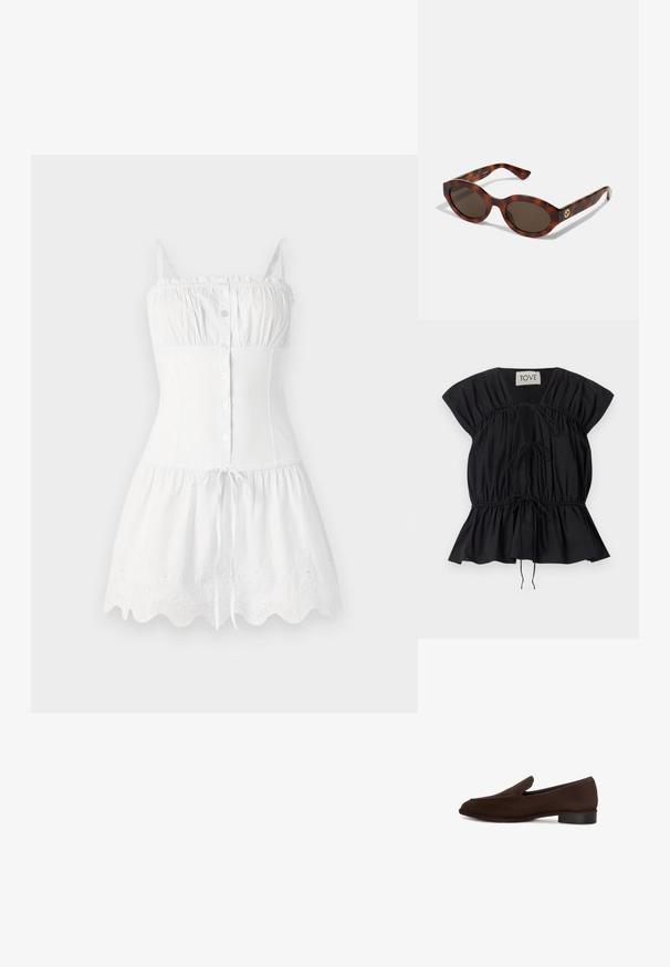 Sort kortermet bluse med samlede detaljer, justerbare snore i livet og en svajet kant. Fremstillet af glat, letvægtsstof.; Hvid bomulds kjole med tynde stropper, knapfront, tætsiddende overdel og svajet nederdel. Har broderet bølgende kant og justerbar talje med snøre.; Brun slip-on sko med en glat tekstur, forlænget form, lav blokhæl og minimalistisk design. Ingen synlige mønstre eller udsmykninger.; Skildpaddemønstret solbriller med runde rammer, mørke linser og gulds logo detaljering på stængerne. Glat plastmateriale, ingen synlige mønstre.; Tory Burch RADZIWILL COLOR-BLOCK PEBBLED PETITE DOUBLE BAG - Håndtasker - wild mushroom