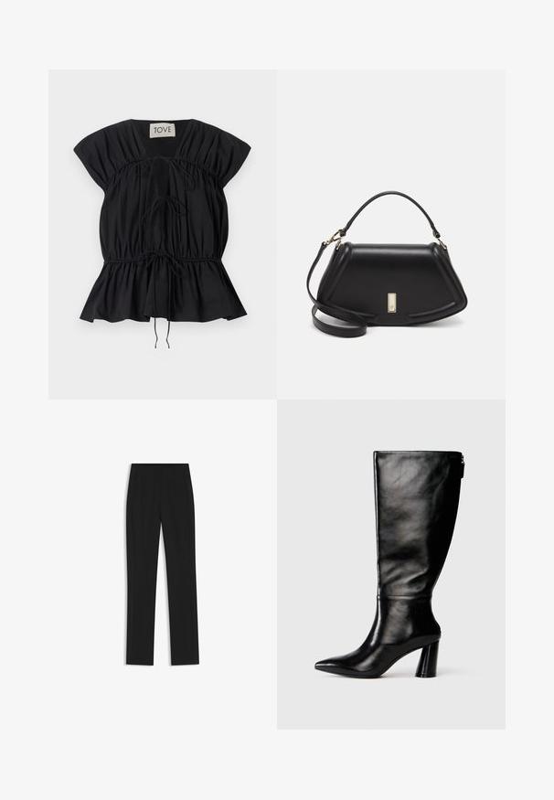 Schwarze kurzärmlige Bluse mit gerafftem Design, verstellbaren Bindebändern an der Taille und einem ausgestellten Saum. Hergestellt aus glattem, leichtem Stoff.; Schwarze maßgeschneiderte Hose mit geradem Bein, ausgestattet mit Fronttaschen und einem glatten, strukturierten Stoff. Saubere, minimale Details.; Knöchelhohe schwarze Lederstiefel mit einer spitzen Zehe, glatter Oberfläche und einem klobigen Absatz. Verfügt über einen Reißverschluss hinten.; Schwarze Lederhandtasche mit einem strukturierten Design, das eine verkürzte Form, einen oberen Griff und goldfarbene Hardware-Details aufweist. Verstellbarer Schulterriemen ist enthalten.