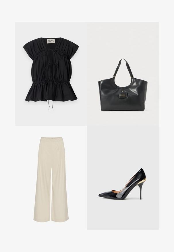 Melna blūze īsām piedurknēm ar savērpu dizainu, regulējamiem auklām jostasvietā un izplūdušu apakšmalu. Izgatavota no gluda, viegla auduma.; Platas kājas bikses no gaiši bežā auduma, ar kaliem, augstu jostasvietu un gludu tekstūru bez redzamām rotājumiem.; Melnas laku ādas augstpapēžu kurpes ar smailu purngalu, zeltīta akcenta uz papēža un gludu tekstūru. Elegants un slaiks dizains.; Melna ādas somiņa ar spīdīgu apdari, izliekta augšdaļa, divi plecu siksnas un zelta toņa detaļa priekšpusē.