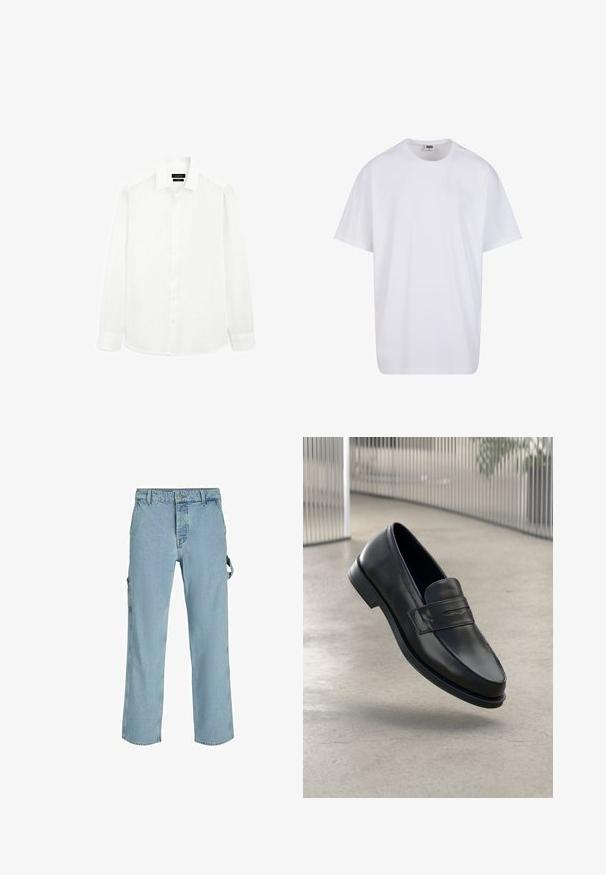 Hvid langærmet skjorte med klassisk krave, knaplukning foran og lige skæring i kanten. Lavet af letvægtsstof med en glat overflade.; Hvid bomulds t-shirt med korte ærmer, rund halsudskæring, afslappet pasform, og ingen synlige logoer eller mønstre. Glat tekstur og minimalistisk design.; Lysblå denim cargo bukser med en afslappet pasform, der har sideløkker til tilkobling og frontlommer, og viser en falmet tekstur.; Sort lædersko med glat tekstur, spids tå og en dekorativ rem over vristen. Letvægts sål, minimalistisk design.