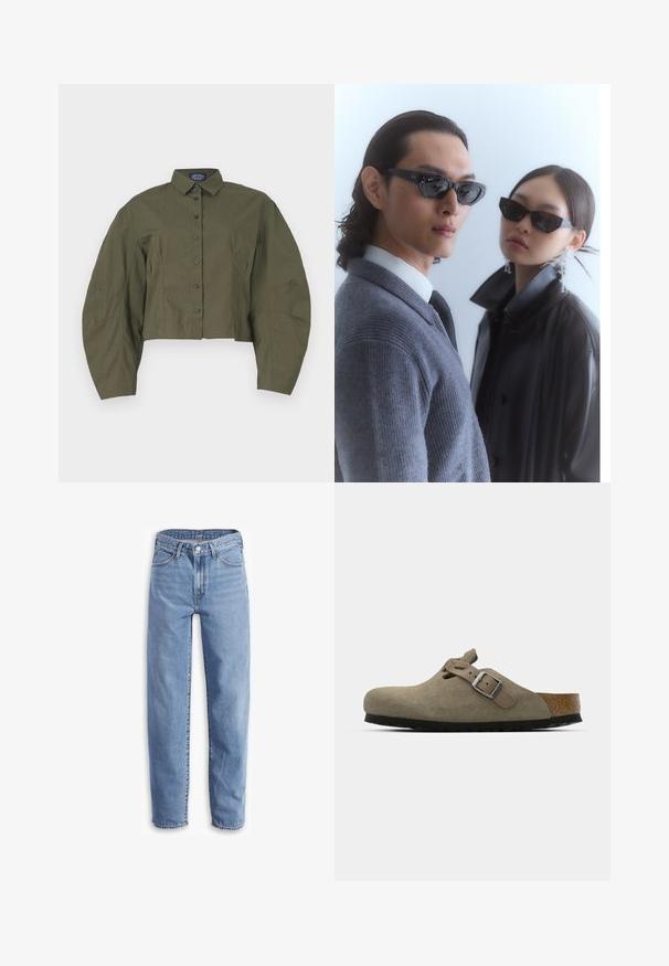 Skrajšan olivnozeleni srajčni zgornji del s strukturo ovratnika, napihnjenimi dolgimi rokavi in črnimi gumbi. Gladka tkanina z minimalno teksturo.; Svetlo modri traper hlače, sproščenega kroja, ravne nogavice, z načrtovanjem petih žepov in raztrganimi robovi za sproščen videz.; Semišni klobuki v svetlo olivno zeleni barvi z oblikovanim plutovim in gumijastim podplatom. Vključuje stransko zanko z kovinsko zaponko in zaobljenim nosom.; Sončne očala z oglatimi črnimi okvirji na modelu s sivo jopico, ki prikazuje teksturirano pletenino, in črno usnjeno jakno, ki jo nosi drug model.