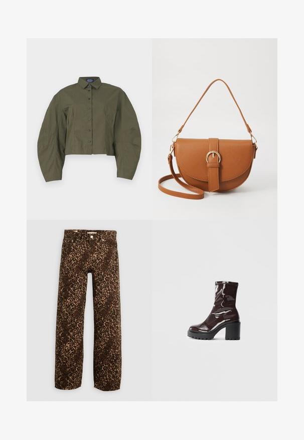 Kortärmad, olivgrön skjorta med knappar, strukturerad krage, puffiga långärmar och svarta knappar. Slätt tyg med minimal textur.; Leopardmönstrade vida jeans i brunt och tan. Tillverkade av denim, med en klassisk femficksdesign och metallaccessoarer.; Glansig bordeauxfärgad ankelsko med en kraftig svart klack, som har en slät yta och enkel design. Inga synliga stängningar eller mönster.; Brun läder crossbody-väska med en böjd form, gyllene detaljer och en spänneaccent. Har en avtagbar axelrem.
