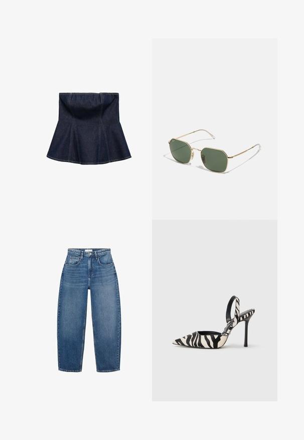 Gonna in denim blu scuro con design svasato, caratterizzata da cuciture verticali e una texture liscia. Nessun hardware o accento visibile.; Jeans in denim blu a vita alta con design a gamba dritta, dotati di cinque tasche, passanti per cintura e leggera scoloritura per un tocco di texture.; Tacco slingback con punta affusolata in stampa zebras nera e crema, con un tacco alto sottile e design aperto sul retro con interno nero.; Occhiali da sole con montatura dorata e lenti verdi, caratterizzati da una forma ottagonale, aste sottili e punte trasparenti. Design minimalista e particolari in metallo.