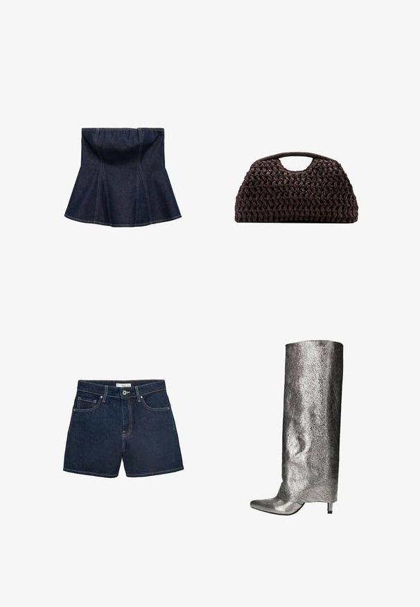 Dunkelblaue Denim-Rock mit schwingendem Design, versehen mit vertikalen Nähten und einer glatten Textur. Keine sichtbaren Beschläge oder Akzente.; Dunkelblaue Denim-Shorts mit enganliegendem Bund, Fünf-Taschen-Design und kontrastierenden Nähten an den Kanten. Klassischer Knopfverschluss.; sacha MIT UMSCHLAG - Stiefel - silver; Geflochtener brauner Handtasche mit runder Silhouette, ausgestattet mit einem oberen Griff und strukturierten Oberfläche. Kompaktes Design mit flachem Boden für Stabilität.