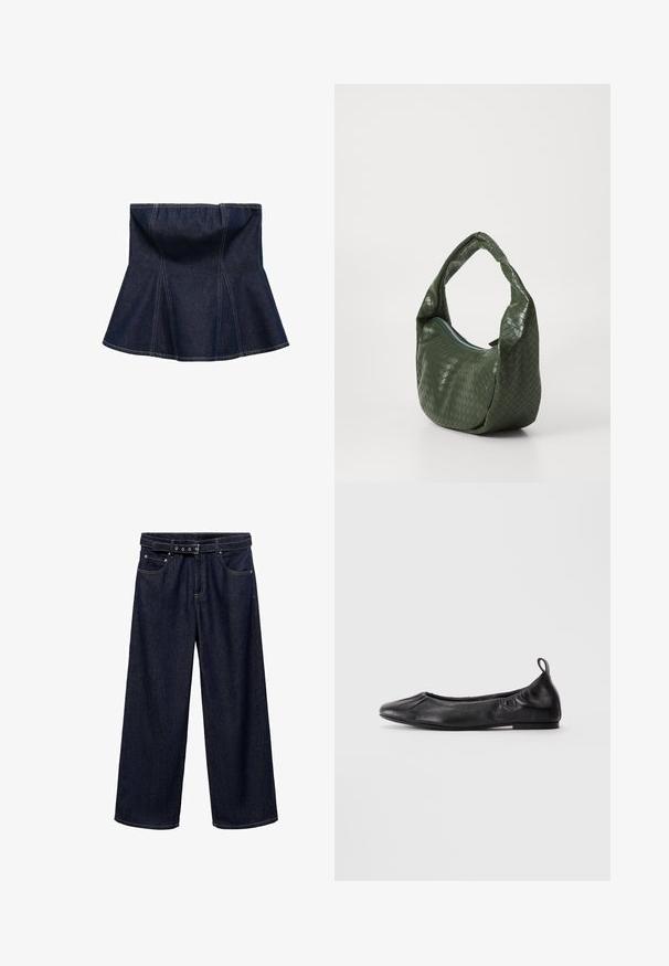 Fustă din denim albastru închis cu design evazat, având cusături verticale și o textură netedă. Fără accesorii sau detalii vizibile.; Jeanși largi de culoare albastru închis, fabricați din denim. Au un sistem de prindere cu curea la talie, cu mai multe nasturi, buzunare frontale și o finisare curată la tivuri.; Balerini negri din piele cu vârf rotund, laterale din elastic gathered și un tab la călcâi, expuși pe un fundal deschis.; Geantă din piele țesută verde cu un maner curbat și închidere cu fermoar. Prezintă o suprafață texturată, cu un model și o formă moale, relaxată.