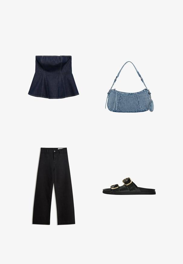 Donkerblauwe denim rok met een uitlopende ontwerp, voorzien van verticale naden en een gladde textuur. Geen zichtbare hardware of accenten.; Zwarte denim broek met wijde pijpen en een hoge taille, voorzien van voor- en achterzakken, gestikte naden en een knoopsluiting. Gladde textuur.; Zwarte slipper met twee gouden gesps, gladde textuur, platte zool en een minimalistisch ontwerp.; Denim handtas met een gebogen vorm, lichtblauwe kleur, verstelbare schouderriem en een kleine afneembare pouch met metallic accenten.