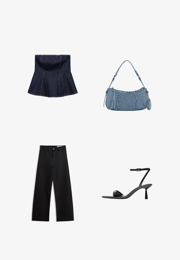 Mörkblå denimkjol med utsvängd design, med vertikala sömmar och en slät textur. Ingen synlig hårdvara eller accenter.; Svarta vida denimbyxor med hög midja, med fram- och bakfickor, sydda sömmar och knappstängning. Slät textur.; Bershka Sandaletter - black; Denimhandväska med en rundad form, ljusblå färg, justerbar axelrem och en liten avtagbar ficka med metallaccenter.