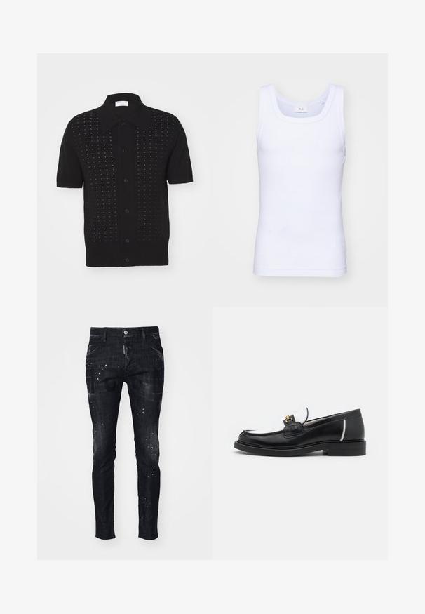 Must mustavärviline lühikeste varrukatega särk, millel on tekstuuriline muster ja nööpkinniti, terava krae ning horisontaalsed jooned kangal.; Valge puuvillane golfi särk ilma varrukateta, ümmarguse kaelusega, sileda tekstuuri ja sobiva lõikega, mõeldud igapäevaseks kandmiseks.; Mustad teksapüksid kitsase lõikega, millel on kulunud viimistlus, plekismuster ja esimesed taskud. Esiküljel on nähtav bränd.; Must have must kastanaga sääniga, valgete aktsentide ja kuldsete detailidega. Omab tekstuuriga paika ja kuhjatud kontsa.