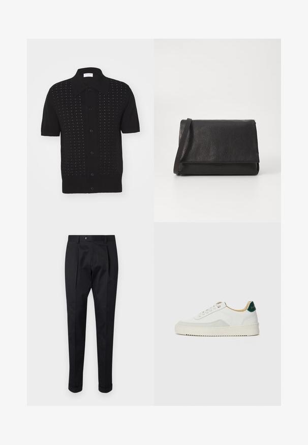 Svart kortermet skjorte med teksturert mønster og knappelukking, med spiss krage og horisontale linjer over stoffet.; Sorte bukser laget av et glatt stoff, med en fold foran, knappelukking, og oppbrettede mansjetter ved ankelen.; Hvit sneakers med semsket detaljer, rund tå, flate snøringer og en kremfarget gummisåle. Har grønn merking på hælen.; Svart skinn clutch-veske med teksturert overflate, fold-over klaff og en slank skulderreim, med minimalistisk design og uten synlig maskinvare.