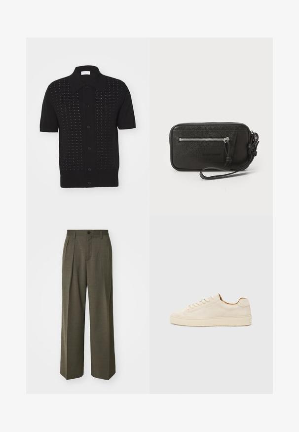 Svart kortermet skjorte med teksturert mønster og knappelukking, med spiss krage og horisontale linjer over stoffet.; Filippa K WIDE TROUSERS - Bukse - driftwood; Beige semsket sportssko med lav topp, rund tå, flate lisser og en teksturert gummisåle. Minimalistisk stil uten synlige logoer.; Svart lær clutch med teksturert overflate, frontlomme med glidelås og avtakbar håndleddsreim. Har en logo-patch på fronten. rektangulær form.