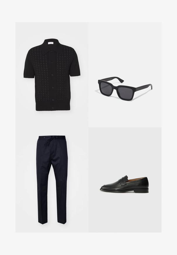 Fekete, rövid ujjú ing, textúrált mintával és gombos záródással, hegyes gallérral és vízszintes csíkokkal az anyagon.; Tengerészkék, könnyű nadrág, rugalmas derékkal, állítható zsinórral és egyenes lábakkal. Simább textúra, nem látható minták vagy díszítések.; Fekete bőr mokaszin, kerek orral, diszkrét varrásokkal és alacsony sarokkal, sima felülettel és minimalista dizájnnal.; Gucci Napszemüvegek - black/smoke