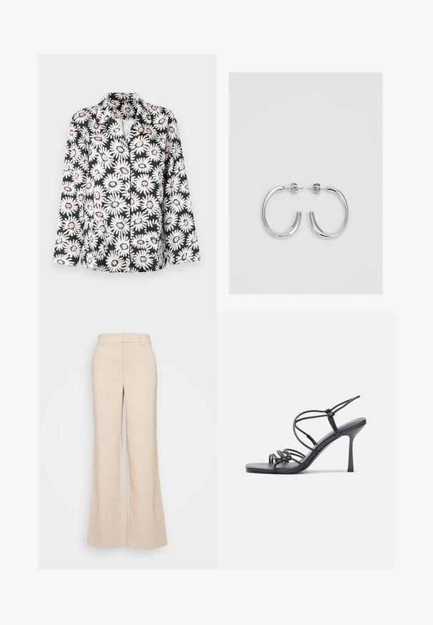 Black button-up shirt with large white daisies and orange centers. Features a classic collar and long sleeves with a relaxed fit.; Beige wide-leg trousers with a smooth texture, featuring a high waistband and two front pockets. Clean design with a tailored fit.; Black high-heeled sandals feature thin straps with a knotted design, a smooth square toe, and a sleek stiletto heel.; Silver hoop earrings with a smooth, shiny finish. Rounded shape, lightweight design, featuring a post-back closure.