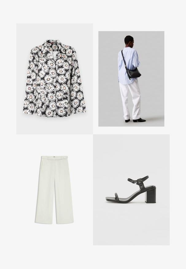 Sort skjorte med knapper, prydet med store hvide margueritter og orange midter. Har en klassisk krave og lange ærmer med en afslappet pasform.; Bredde bukser i lys cremefarvet stof, med sidelommer, flad front og en enkelt knaplukning i taljen. Glat tekstur.; Sorte lædersandaler med blokhæle, brede stropper over tåen og justerbar ankelrem, der har et slankt, minimalistisk design.; Sort læder skuldertaske med en blød tekstur, trekantet form og justerbar strop, kombineret med en lyseblå stribet skjorte og hvide bukser.