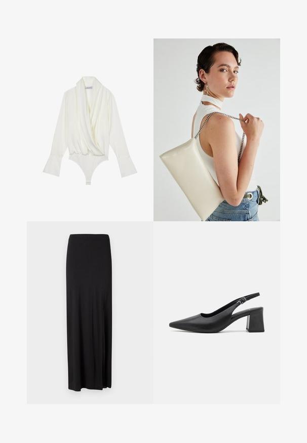 Witte lange mouw bodysuit met een gedrapeerde voorkant, op maat gesneden pasvorm, uitlopende mouwen en een drukknoopsluiting onderaan. Gemaakt van een zachte stof.; Zwarte maxi rok van zacht, rekbaar materiaal. Heeft een zijsplit en een eenvoudig, gestroomlijnd ontwerp zonder versieringen.; Zwarte leren slingback hak schoen met een puntige neus en een stevige blokhak. Beschikt over een verstelbare band met een metalen gesp.; Witte rechthoekige clutch tas gemaakt van glanzend materiaal, met een zilveren kettingband. Model poseert en toont de tas tegen een effen achtergrond.