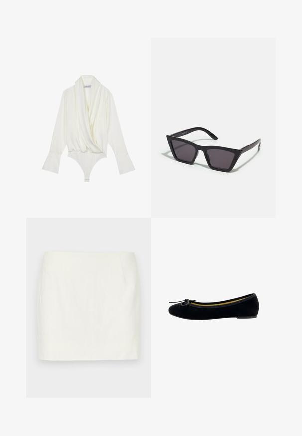 Weißer Langarm-Bodysuit mit drapiertem Frontteil, taillierter Passform, ausladenden Manschetten und Druckknopfverschluss am unteren Ende. Hergestellt aus glattem Stoff.; Weißer Leinen-Minirock mit geradem Schnitt, ausgestattet mit seitlichen Taschen und einer glatten Textur. Keine sichtbaren Muster oder Akzente.; Schwarze Samt-Ballerinas mit runder Zehenpartie, einer kleinen Schleifenapplikation auf der Vorderseite und einem kontrastierenden gelben Innenfutter.; Schwarze, eckige Sonnenbrille mit grauen Gläsern; aus Kunststoff gefertigt, mit dicken Bügeln, die eine glatte Oberfläche und keine sichtbaren Beschläge haben.