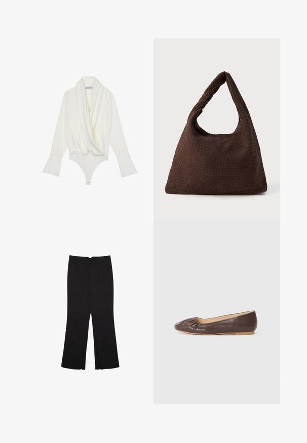 Biały bodysuit z długim rękawem, z drapowanym przodem, dopasowany krój, rozszerzane mankiety i zapięcie na napy u dołu. Wykonany z gładkiego materiału.; Czarne spodnie o prostym kroju, z przednimi kieszeniami i bocznymi rozcięciami na dole. Wykonane z miękkiego, gładkiego materiału. Odpowiednie na różne okazje.; Brązowe baleriny ze skóry, z okrągłym noskiem, marszczeniem z przodu i jasną, płaską podeszwą.; Brązowa pleciona torba o zwisłym kształcie, z pojedynczym uchwytem w formie pętli i teksturowaną powierzchnią. Projekt charakteryzuje się stylem hobo bez dodatkowych akcesoriów.