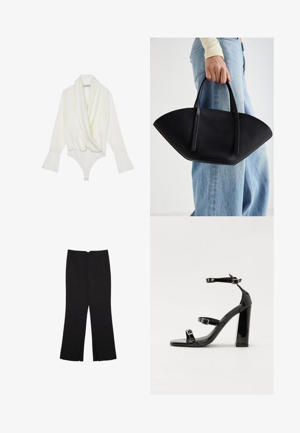 Body bianco a maniche lunghe con davanti drappeggiato, vestibilità tailored, maniche a campana e chiusura a snap sul fondo. Realizzato in tessuto liscio.; Pantaloni neri a gamba dritta, con tasche frontali e spacchi laterali all'orlo. Realizzati in tessuto morbido e liscio. Adatti a diverse occasioni.; Sandali con tacco in vernice nera, con punta squadrata, cinturini alla caviglia e fibbie in argento. Presentano un tacco a blocco spesso per maggiore stabilità.; Borsa a tracolla in pelle nera con una forma a ventaglio unica, dotata di manici piatti. La superficie presenta una texture a ciottoli e un design minimalista.