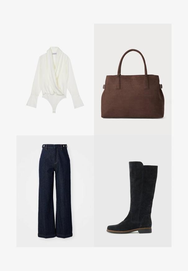 Bijela bodysuit s dugim rukavima, drapiranim prednjim dijelom, prilagođenim krojem, lepršavim rukavima i kopčanjem na dnu. Izrađena od glatkog materijala.; Tamno plave široke traperice izrađene od denima, s visokim strukom, pet džepova i kontrastnim narančastim šavovima.; Crne antilop čizme do koljena s okruglim nosom i niskom složenom petom. Imaju jednostavan dizajn s glatkom teksturom i suptilnim detaljima šivanja.; Smeđa torba od umjetne sued kože s dva čvrsta ručka, strukturiranim oblikom i minimalističkim dizajnom, s diskretnim akcentima šivanja.