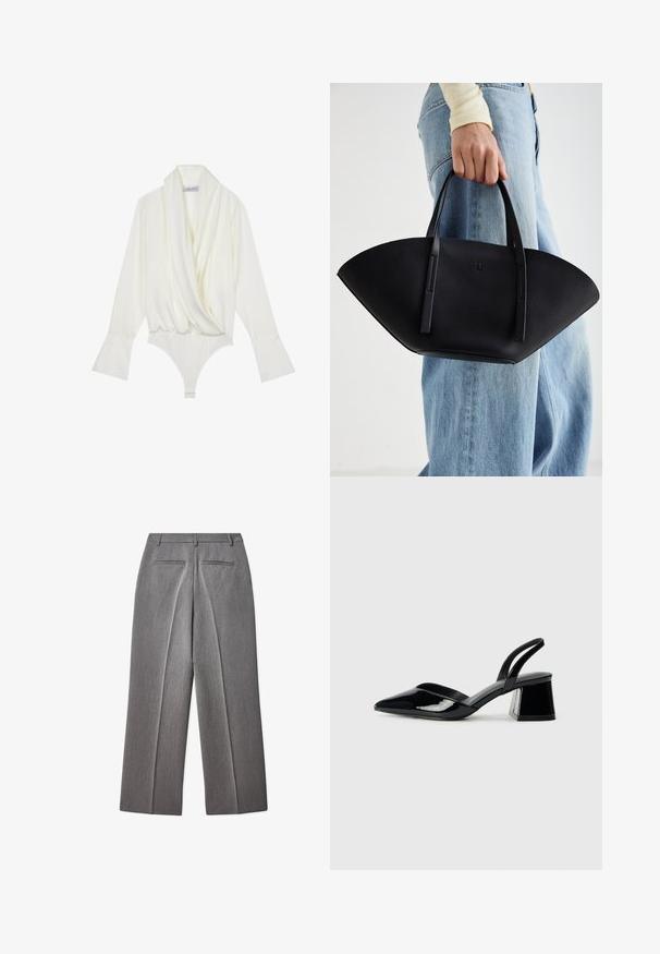 Valge pikakäigeline bodysuit, millel on drapeeritud eesosa, rõivastele kohandatud lõige, laienevad mansetid ja snapsulgu alt. Valmistatud siledast kangast.; Hallitatud hallid püksid, millel on lame esiosa, sirge sääre disain, kaks tagataskut ja peene tekstuur.; Mustad musta lakknahk kingad, millel on terav varvas ja geomeetriline plokkkonts. Omab elegantselt minimalistlikku disaini ja sujuvat tekstuuri.; Must mustra kott, millel on unikaalne fännikujuline disain, millel on lapikud käepidemed. Pinna tekstuur on kivikujuline ja disain on minimalistlik.