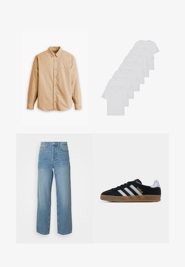 Levi's® AUTHENTIC BUTTON DOWN - Shirt - muir woods safari garment dye; White cotton T-shirts, short sleeves, crew neck design, plain texture, stacked in a row, with subtle branding at the neckline.; High-waisted light blue denim jeans with straight legs, front button closure, and five-pocket styling on plain background.; Black suede sneaker with white stripes, tan rubber sole, and gold "Gazelle" logo. Classic low-top design, featuring a textured upper.