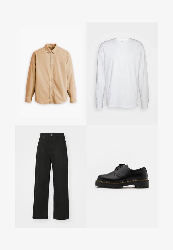 Levi's® AUTHENTIC BUTTON DOWN - Srajca - muir woods safari garment dye; Bela dolgimi rokavi majica iz bombaža. Oblika s krožnim izrezom z rebrastimi manšetami in majhnim logotipom na levi rokavu. Gladka tekstura.; Črne jeans hlače z ravnim krojem, ki imajo pet žepov, gumbno zapiranje in klasičen pas. Gladka tekstura.; Črne usnjene čevlje z vezalkami in zaobljenim nosom, z gumijastim podplatom in rumenim šivom okoli osnove. Ravna zasnova in gladka površina.