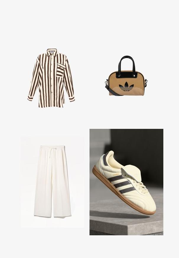 Braun- und cremefarben gestreertes Hemd mit Kragen, vorderem Knopfverschluss und einer Brusttasche mit einem Knopfdetails. Hergestellt aus strapazierfähigem Stoff.; Weiße weite Hosen aus leichtem Stoff, mit elastischem Bund, Kordelzug und seitlichen Taschen, ohne sichtbare Muster.; Cremfarbene Ledersneaker mit drei dunklen Streifen, einer braunen Gummisohle und einer abgerundeten Zehenpartie. Hat eine faltbare Zunge, die mit "SAMBA" beschriftet ist.; Tasche in Tan mit schwarzen Lackleder-Akzenten, runder Form, doppelten Griffen und einem geprägten schwarzen Logo auf der Vorderseite.