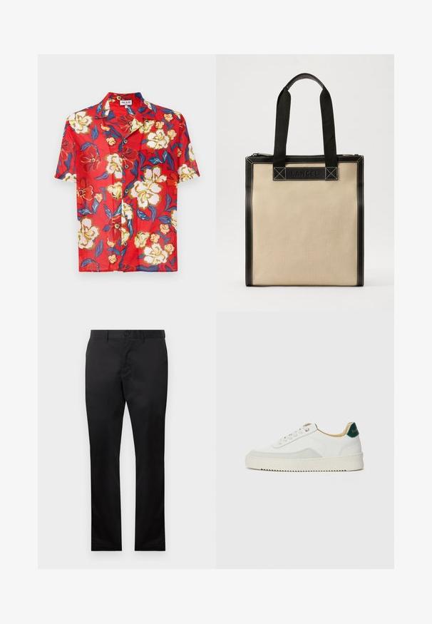 Punainen lyhythihainen paita, jossa on kerma-, keltainen- ja sininen kukkakuosi, napitus edessä ja perinteinen kauluskangas.; Mustat puuvillahousut suoran lahkeen muotoilulla, jossa on etunapit, sivutaskut, sileä pinta ja ei näkyviä kuvioita.; Valkoiset tennarit, joissa on nahkaosia, pyöreä kärki, tasaiset nauhat ja kermaisa kumi-pohja. Takana vihreä brändäys.; Beige kassi valmistatud tekstuuriga kangast, millel on mustad nahast aktsendid, topeltülemine käepidemed ja lukuga sulgemine. Brändi logo on nähtav ülaservas.