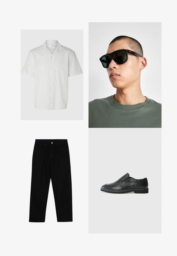 Camicia bianca in lino a maniche corte con una sottile texture, apertura davanti con bottoni e un design del colletto classico. Presenta due bottoni sulla parte frontale.; Pantaloni in denim nero con taglio dritto, design a cinque tasche e chiusura frontale con bottone. Tessuto liscio con dettagli di cucitura minimi.; Scarpa nera in pelle con inserto scivolare, superiore liscio, dettagli cuciti, punta arrotondata e tacco in gomma basso. La suola presenta un battistrada minimale.; Occhiali da sole rettangolari neri con lenti scure, caratterizzati da una forma distintiva e un marchio sulla parte tempiale. Indossati da una persona con una maglietta verde.