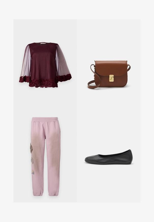 Blusa bordeaux con maniche trasparenti a palloncino. Orlo decorato con rose di stoffa, creando un effetto testurizzato. Tessuto del corpo liscio. Collo rotondo.; T-shirt bianca a maniche corte realizzata in tessuto a costine. Collo rotondo, vestibilità regolare e dettagli di cucitura sottili. Senza motivi o grafiche.; Pantaloni della tuta rosa con vita elastica, caratterizzati da toppe decorative a forma di diamante sul lato sinistro e polsini elastici alle caviglie.; Pantofole da balletto nere in pelle con punta arrotondata, texture liscia, dettagli di cucitura minimi e design con suola flessibile.; Borsa a tracolla in pelle marrone con chiusura a pattina, hardware color oro, tracolla e una finitura liscia. Forma rettangolare compatta.