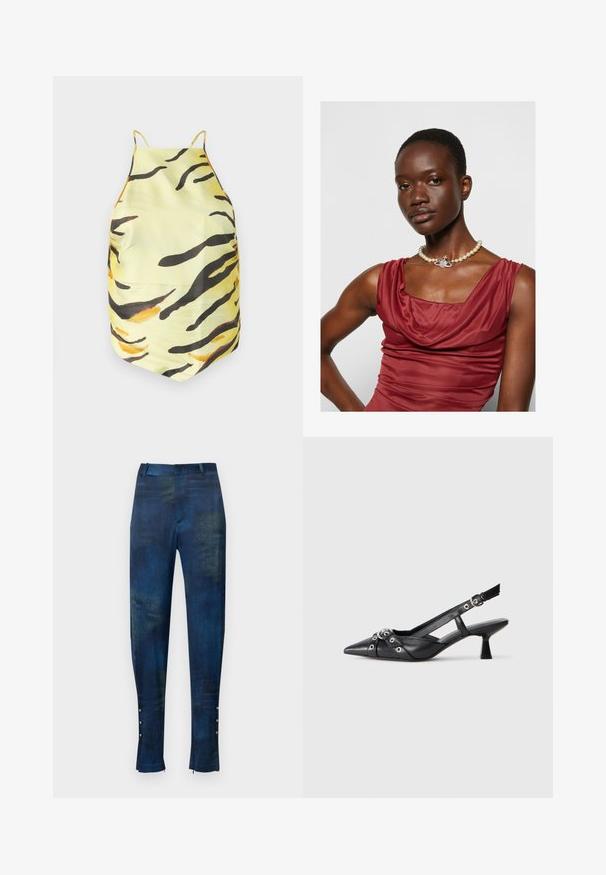 Żółta bluzka z tkaniny w czarno-pomarańczowy wzór w tiger stripes, z cienkimi ramiączkami i dopasowanym krojem. Gładka tekstura, brak widocznych elementów metalowych.; Niebieskie i zielone spodnie w wzory o slim fit, charakteryzujące się gładką fakturą oraz dekoracyjnymi guzikami przy kostce.; Czarne skórzane buty typu slingback z ostrym noskiem, ozdobnymi paskami z metalowymi oczkami oraz niskim klinowym obcasem. Teksturowana powierzchnia.; Sukienka w kolorze głębokiej czerwieni z dekoltem typu cowl, o gładkiej teksturze. Posiada perłowy naszyjnik z ozdobnym srebrnym akcentem na środku.